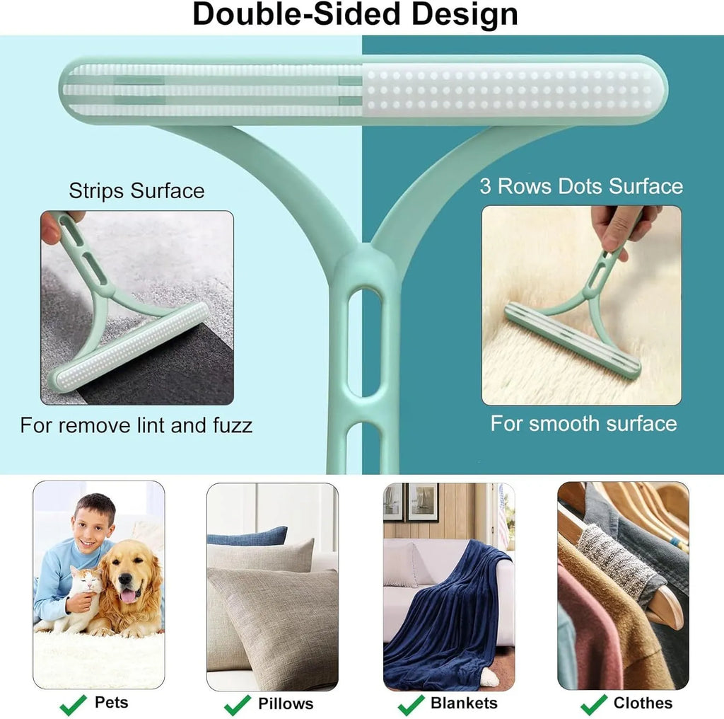 Three-piece pet hair remover set showing metal lint tool, silicone brush, and round sticky surface cleaner