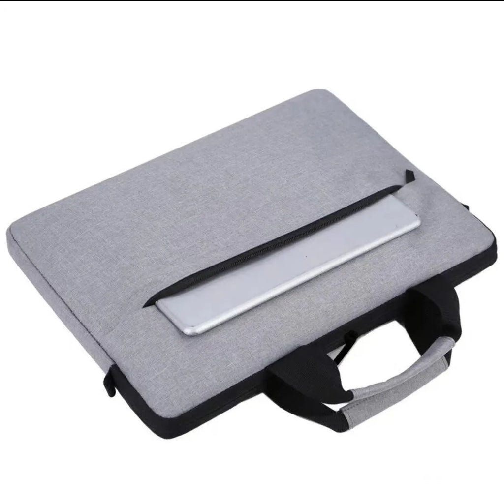 Grey Oxford cloth laptop bag with visible sewing thread detailing and expandable compartment