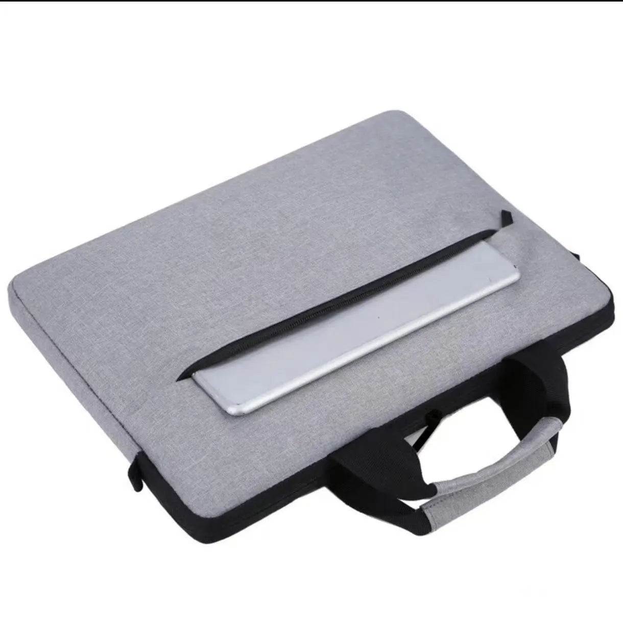 Grey Oxford cloth laptop bag with visible sewing thread detailing and expandable compartment