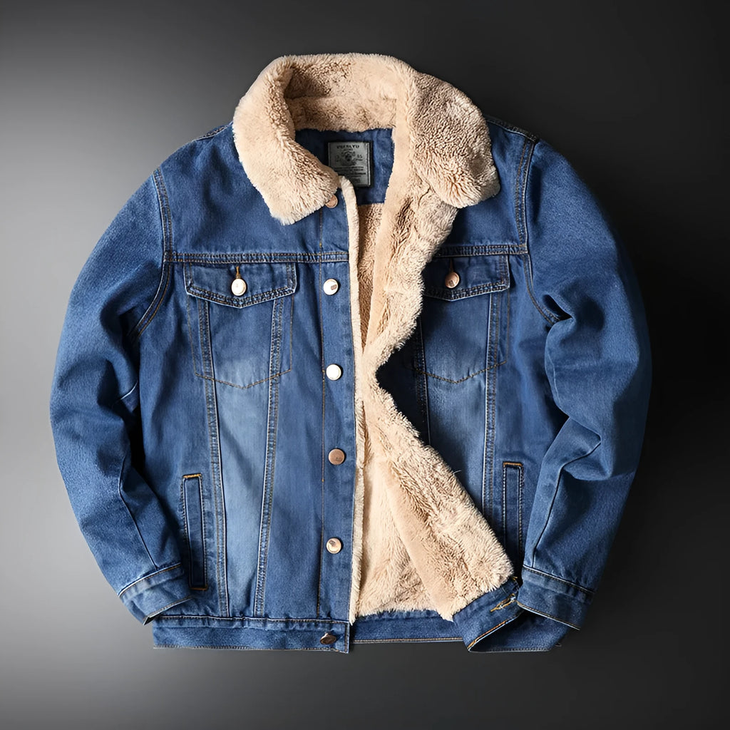 Fleece-lined denim coat jacket in blue, solid colour, regular fit, with dimensional patch pockets