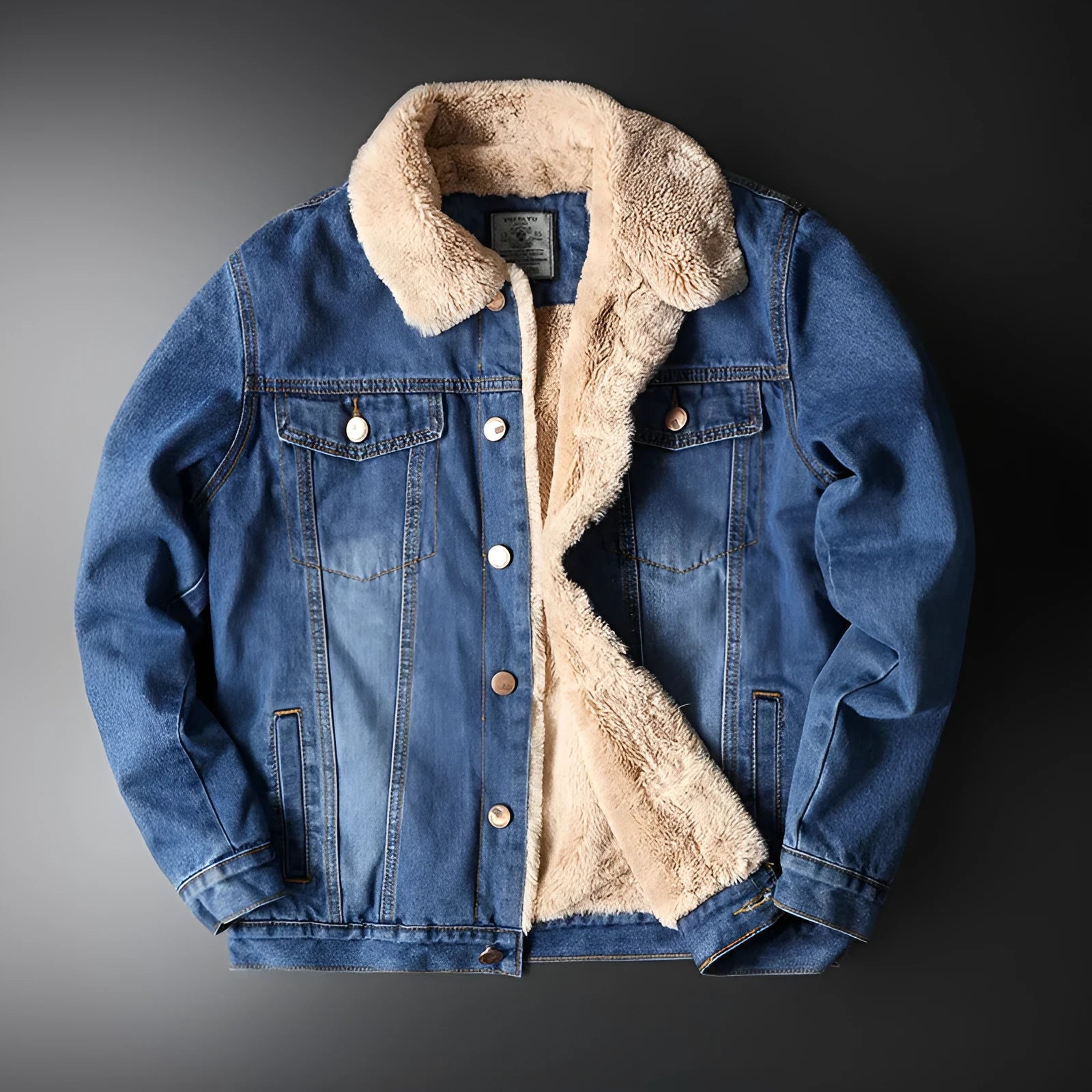 Fleece-lined denim coat jacket in blue, solid colour, regular fit, with dimensional patch pockets