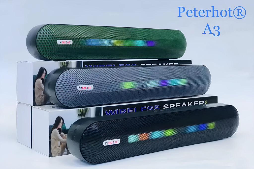 Bluetooth speaker with long LED breathing light in black colour, 400x62x72mm, on a table
