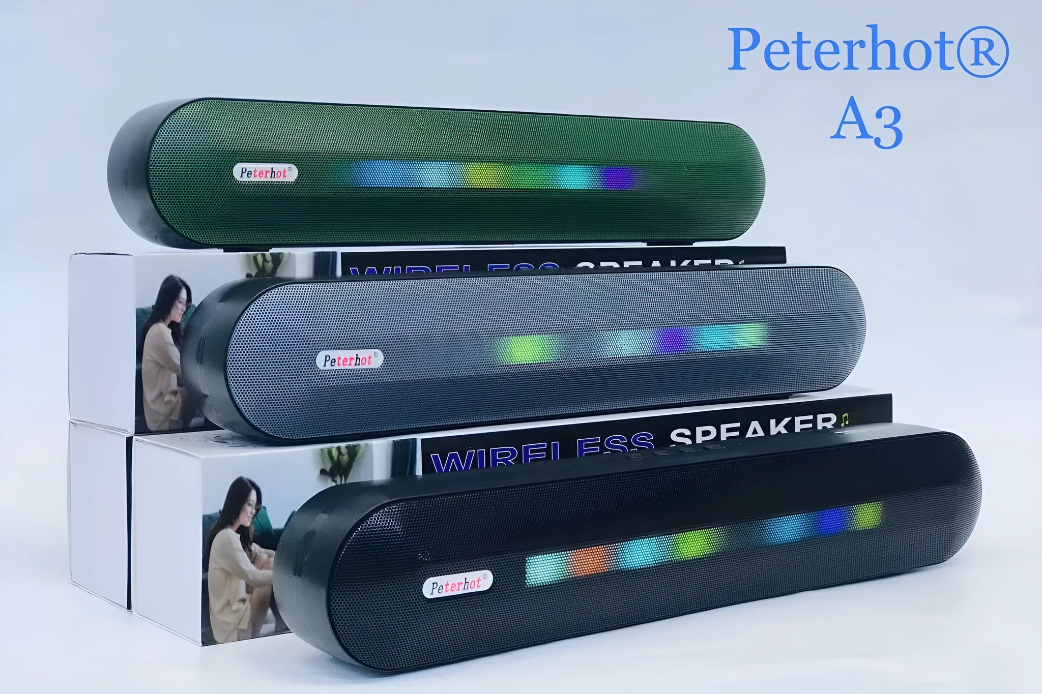 Bluetooth speaker with long LED breathing light in black colour, 400x62x72mm, on a table