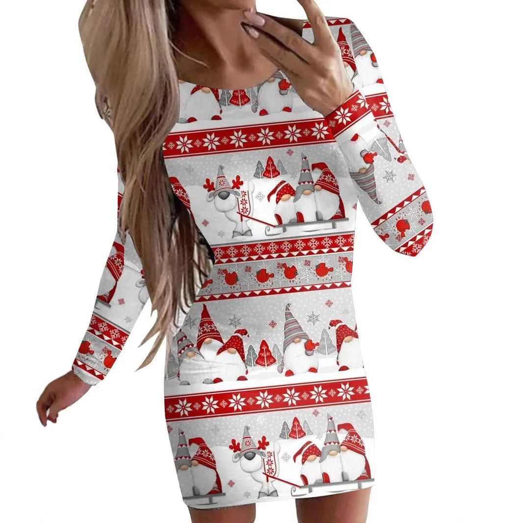Red printed Christmas dress with animal pattern, round neck, long sleeves, and a tight-fitting hip skirt.