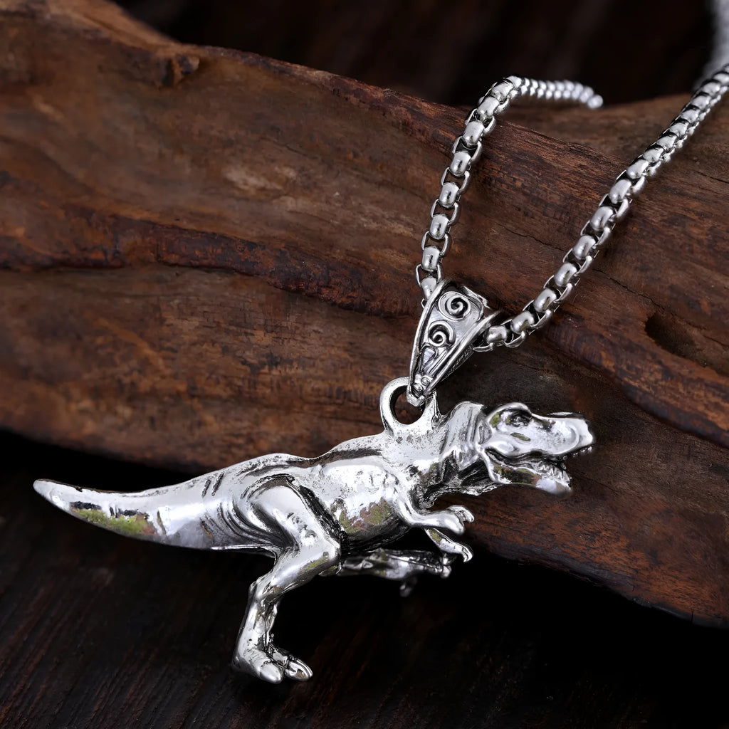 New Hip Hop Style Titanium Dinosaur Pendant necklace on display