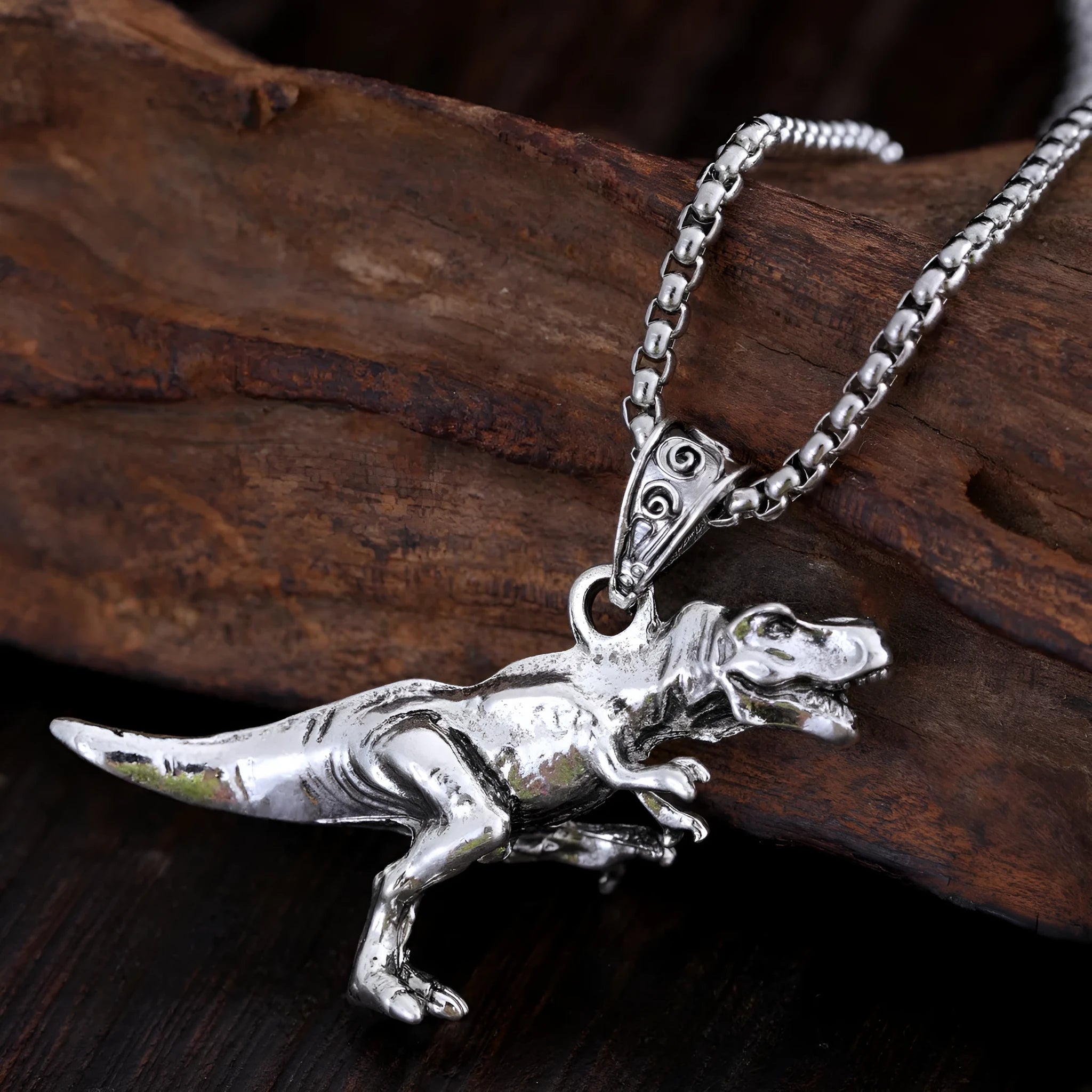 New Hip Hop Style Titanium Dinosaur Pendant necklace on display