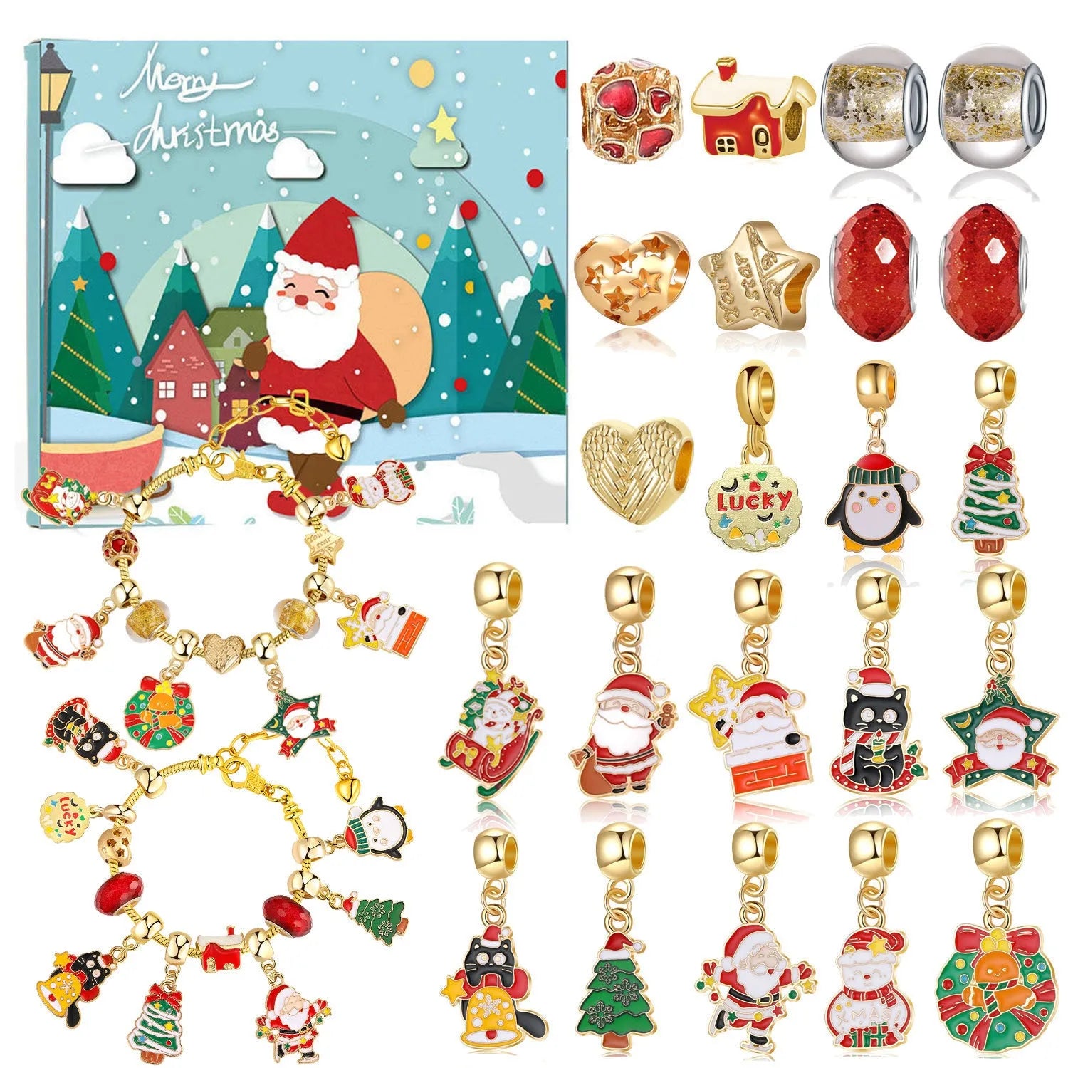 Christmas bead string jewelry gift box with electroplated alloy finish, cartoon style, multiple colour options displayed