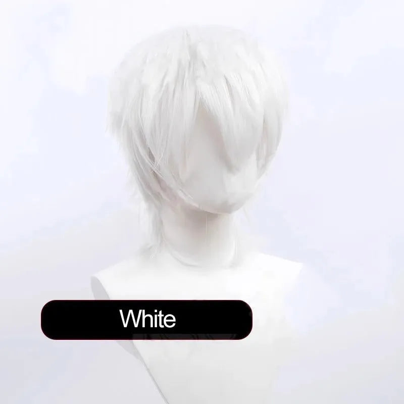 Short styled black and blue anime cosplay wig with a tail for men on a stand.