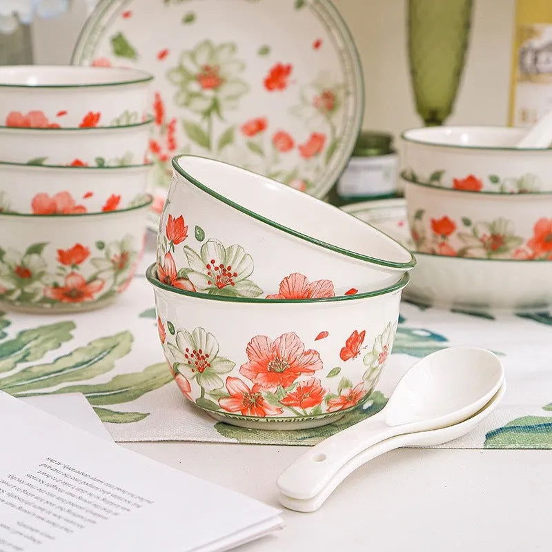 Ceramic tableware gift box set with 4 bowls, 4 spoons and 2 plates, underglaze surface, microwave available
