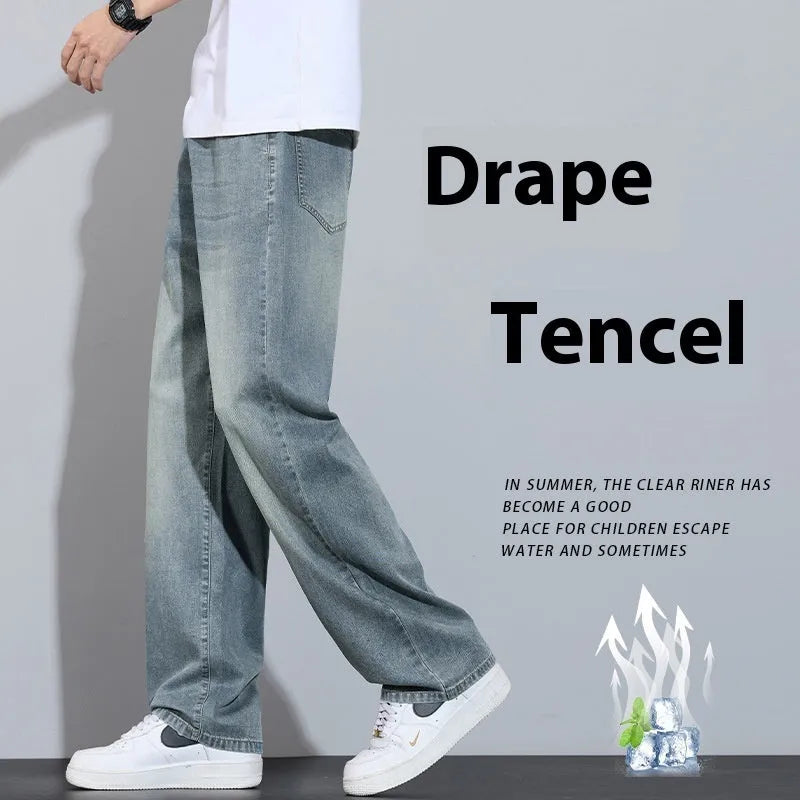 Straight leg denim trousers in a wide leg style on a hanger, showing the zip fly placket.