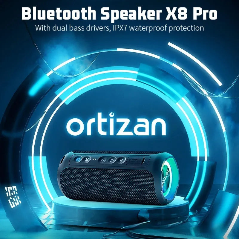 Black and blue fabric wireless Bluetooth speaker with luminous lights.