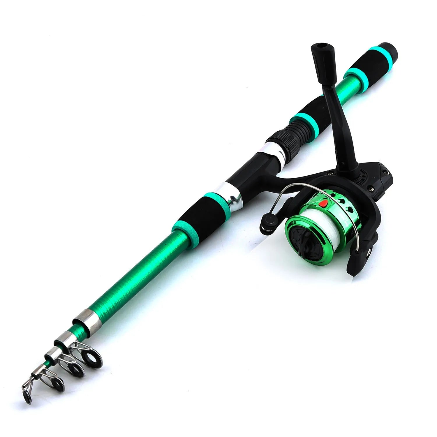 Blue children's fishing rod and reel set with matching tackle box on a grassy bank.