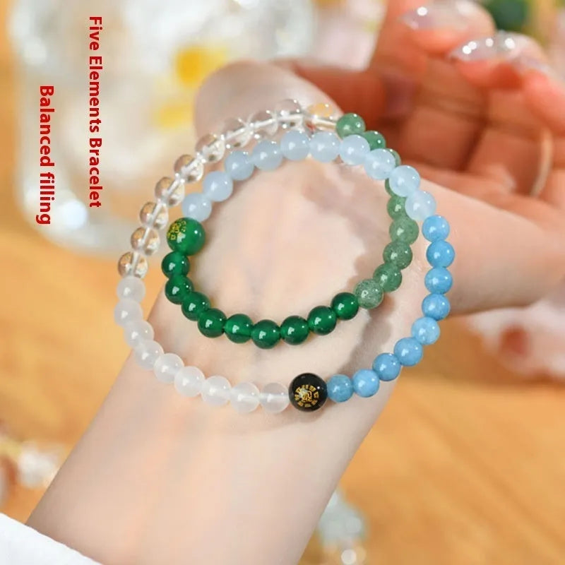 Handmade Duobao crystal Five Elements double ring bracelet in gold wood water fire soil colours