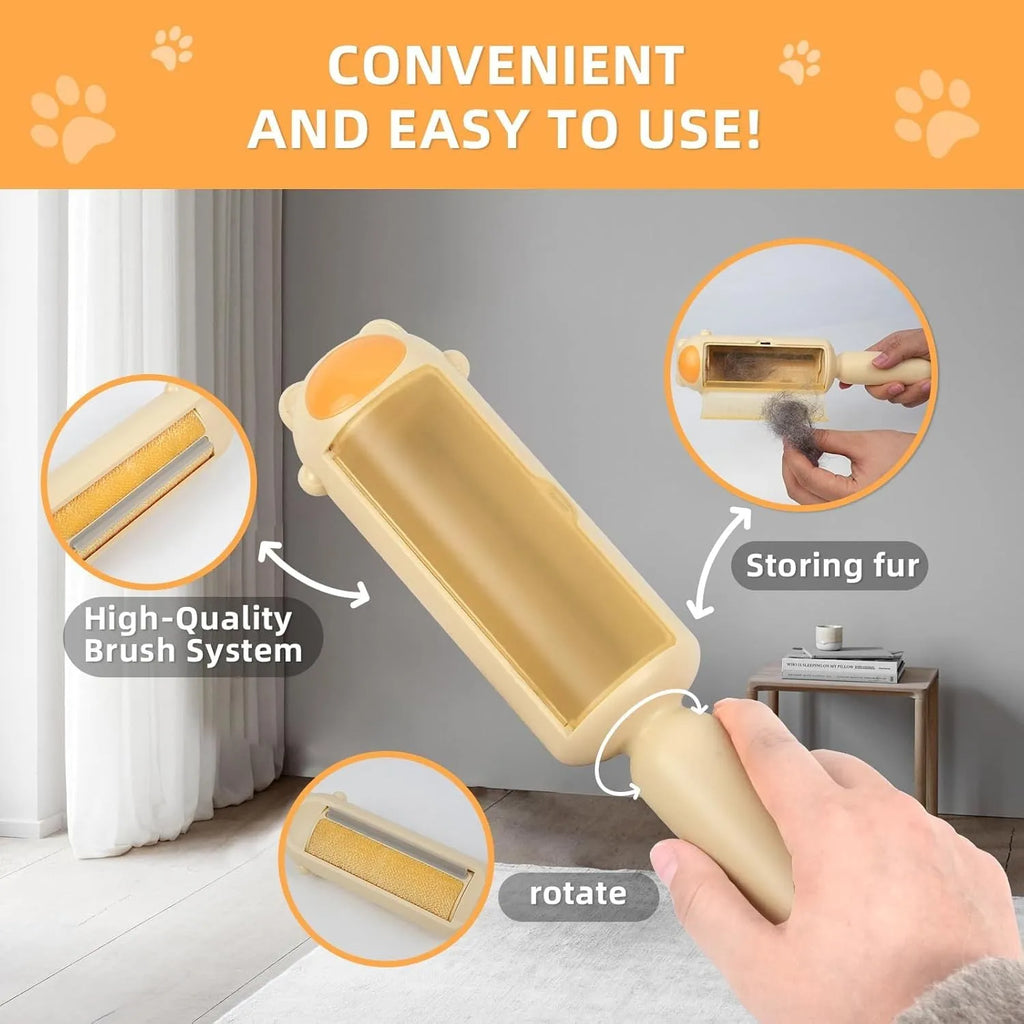 Blue reusable pet hair removal roller with self-cleaning base on a sofa