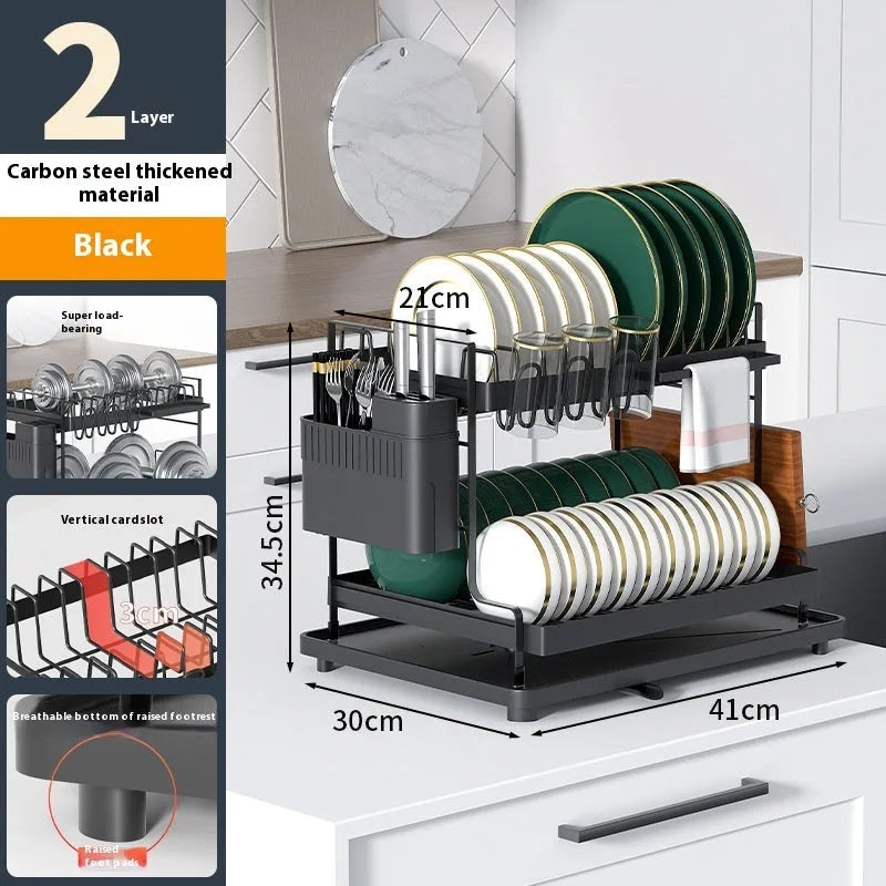 White double-layer kitchen storage rack with removable shelves for draining and organisation.