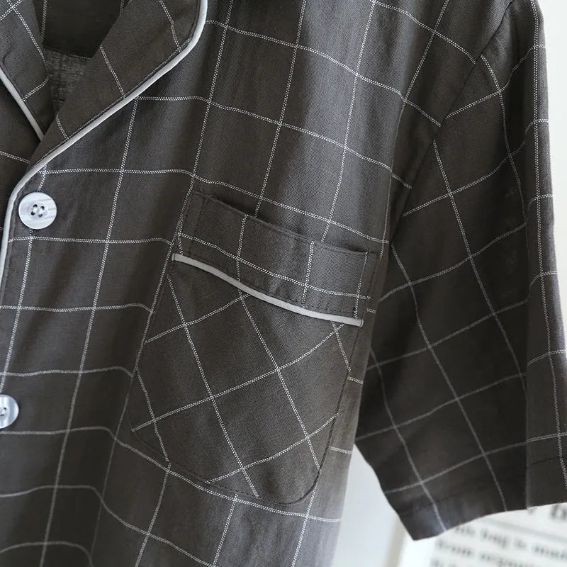 Men's cotton single-line plaid short-sleeved pajama suit with full trousers, gray colour, on plain background