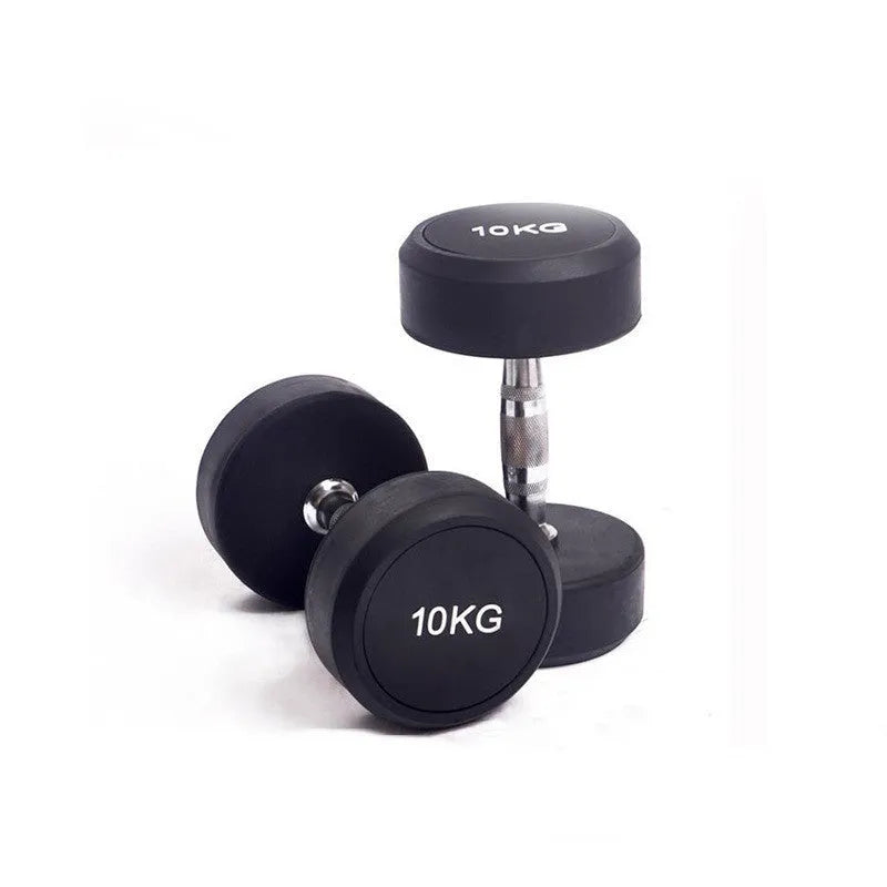 Black cast iron rubberized round head fitness dumbbell on a plain background