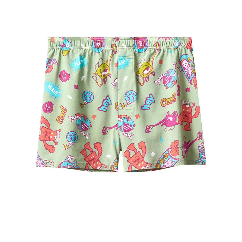 Men's cotton boxer shorts in multiple patterns including floral, camouflage, and cosmic starry sky designs