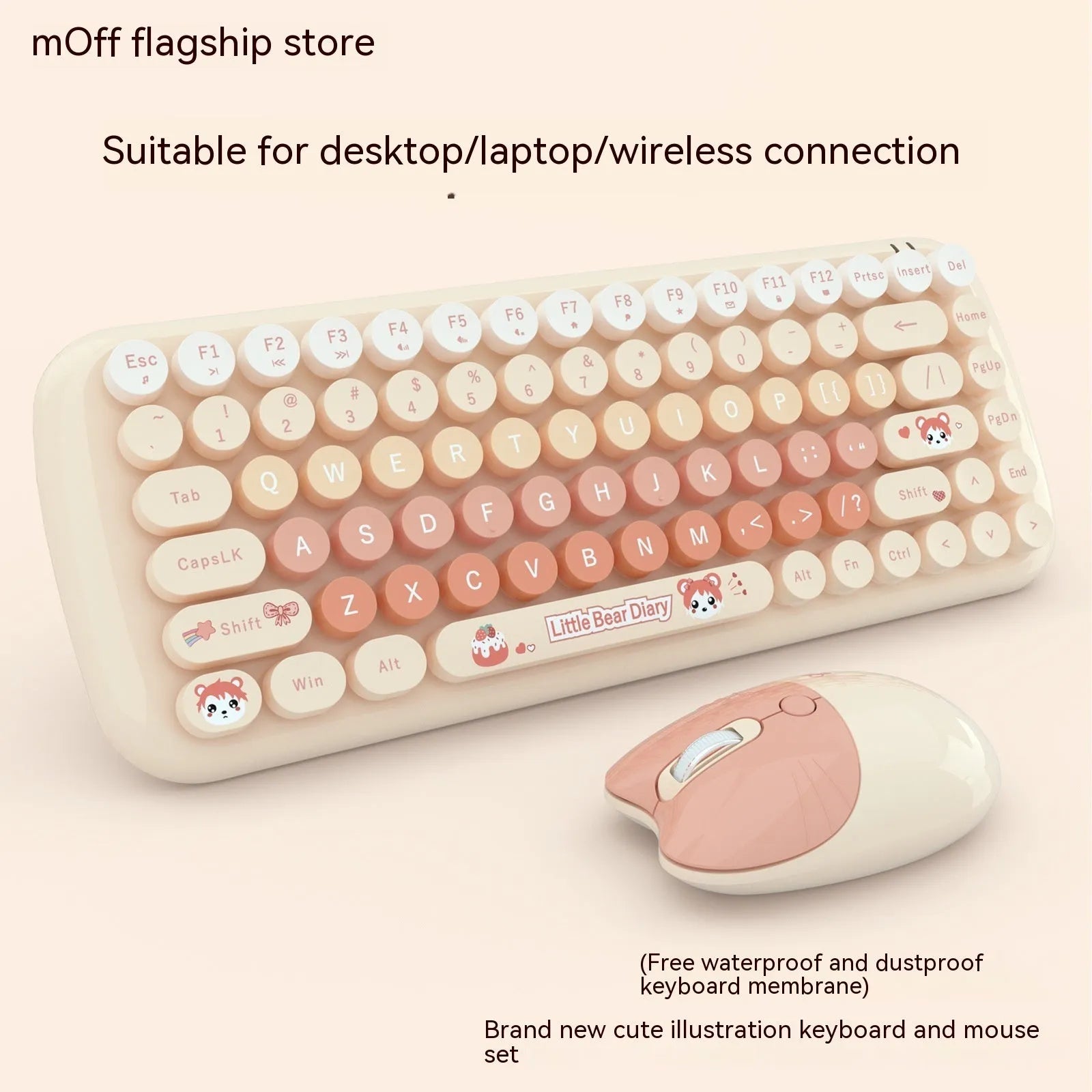 Pink cartoon wireless keyboard and mouse set with compact design for laptop and desktop use