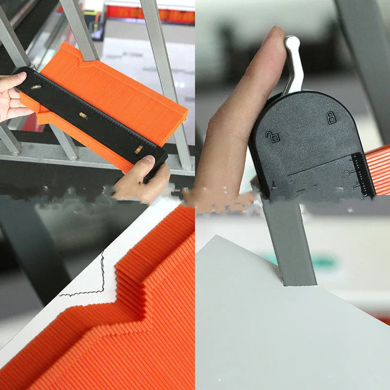 5 and 10 inch orange plastic contour gauge with teeth for copying shapes, on a tile surface