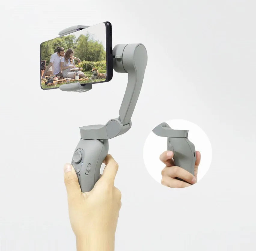 L7B PRO folding three-axis mobile phone gimbal stabiliser shown both unfolded and in compact folded position