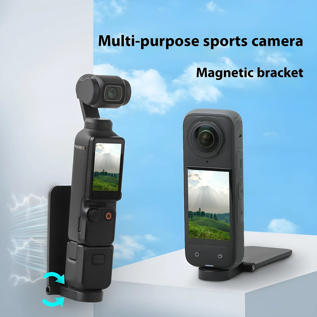 Black magnetic bracket base for Insta360 X4 camera with adjustable angle positioning