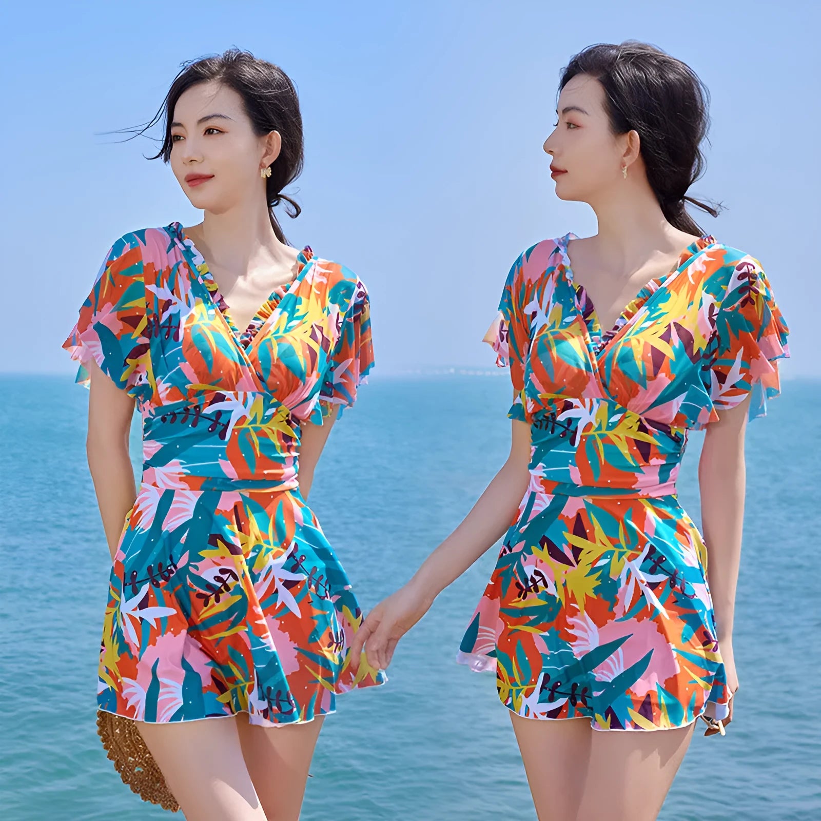 Women's floral print one-piece swimsuit with belly control panel
