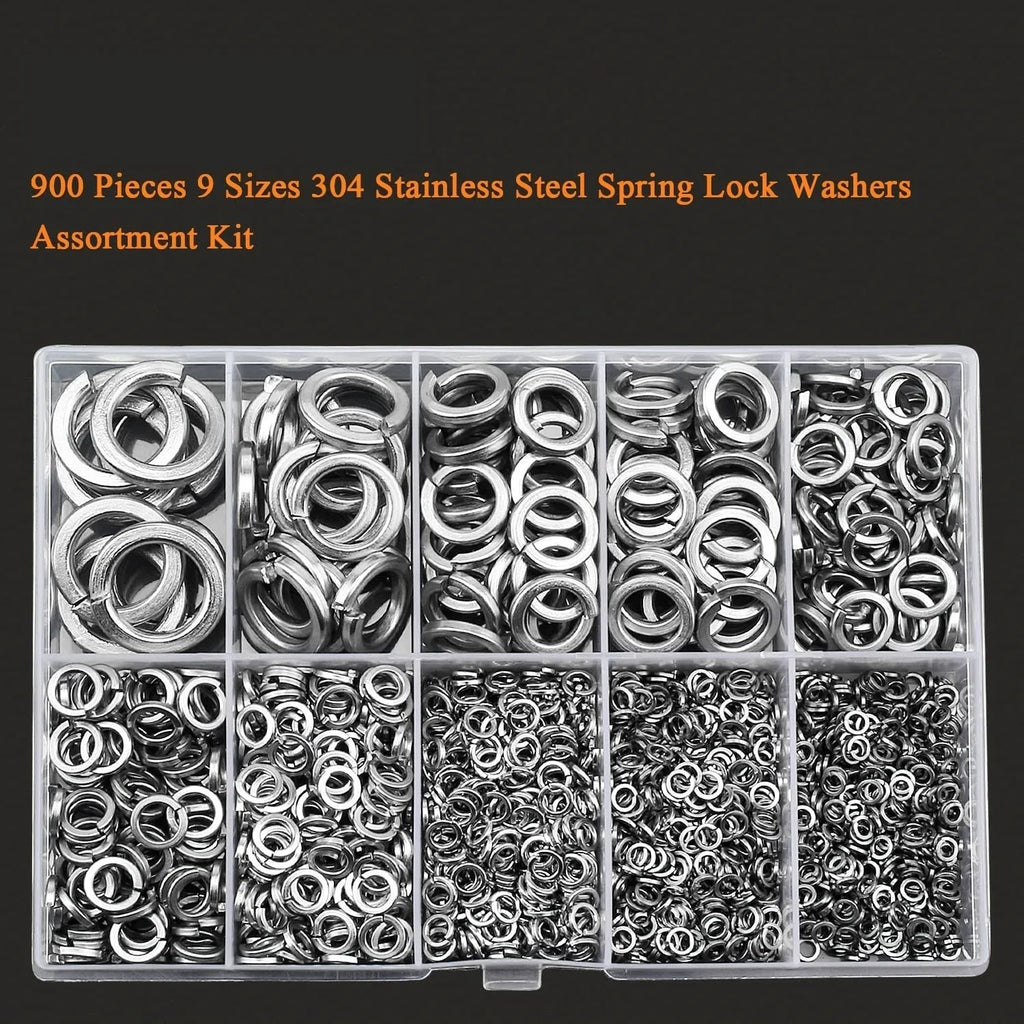 Open box showing assortment of small, silver 304 stainless steel spring lock washers in organised compartments.