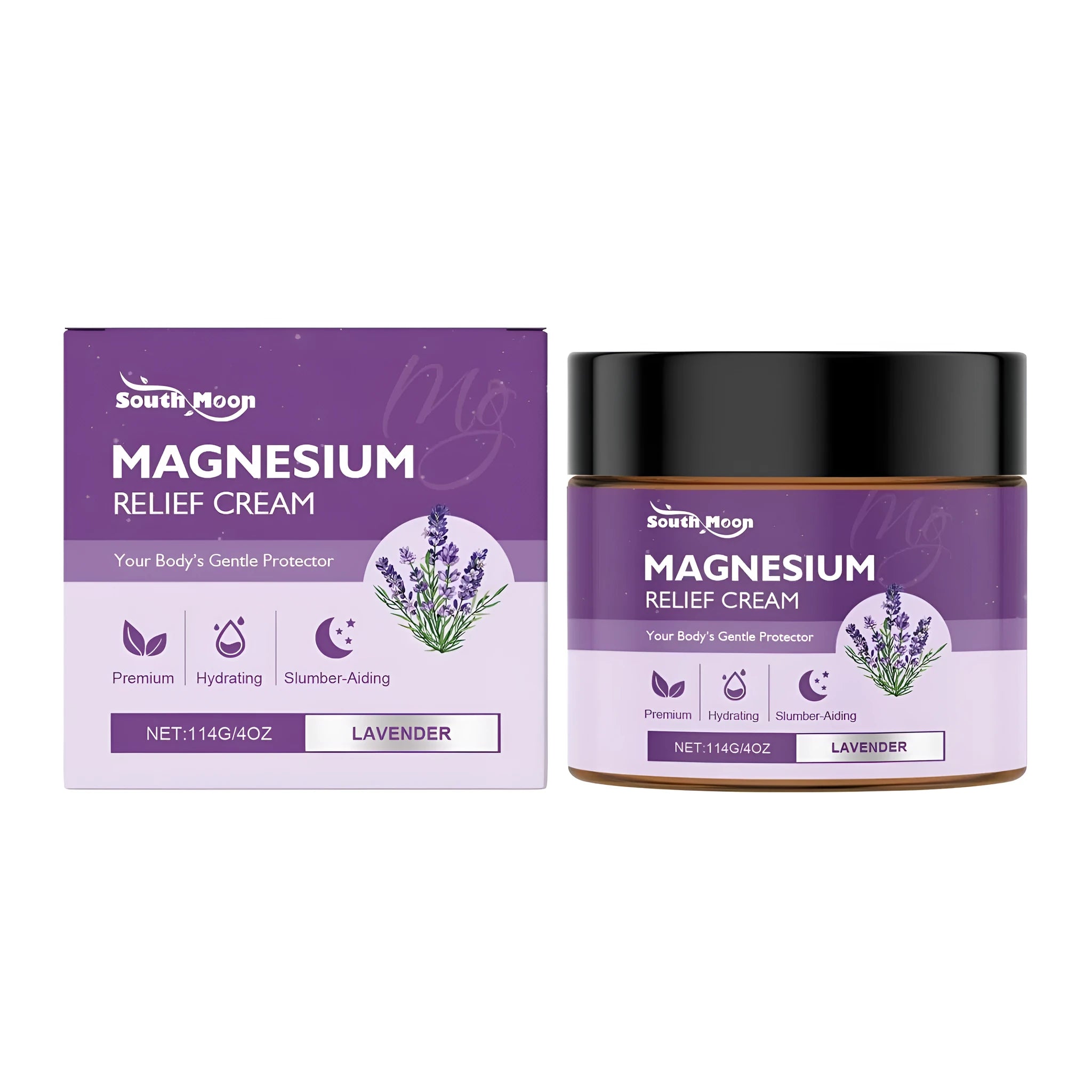 114g tub of body soothing magnesium cream with lavender oil and mint leaves
