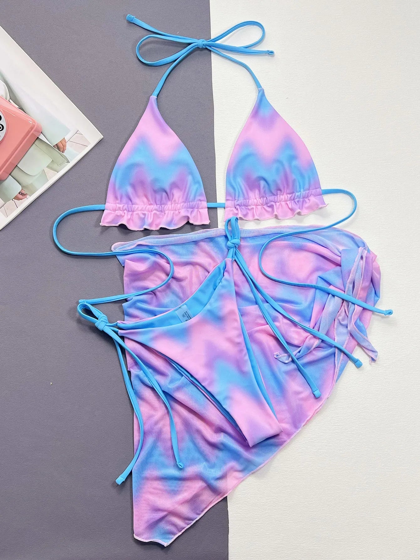 Women's tie-dye pattern bikini swimsuit with skirt, bra, and panties in picture colour