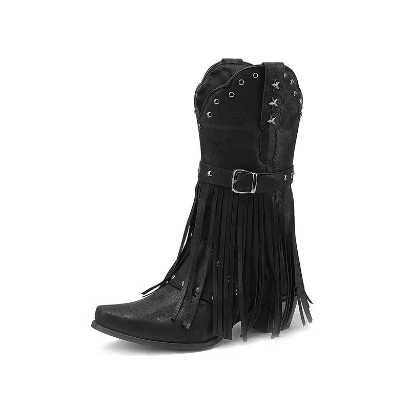 Women's Western belt buckle tassel middle boots in black with square toe and mid heel