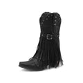 Women's Western belt buckle tassel middle boots in black with square toe and mid heel