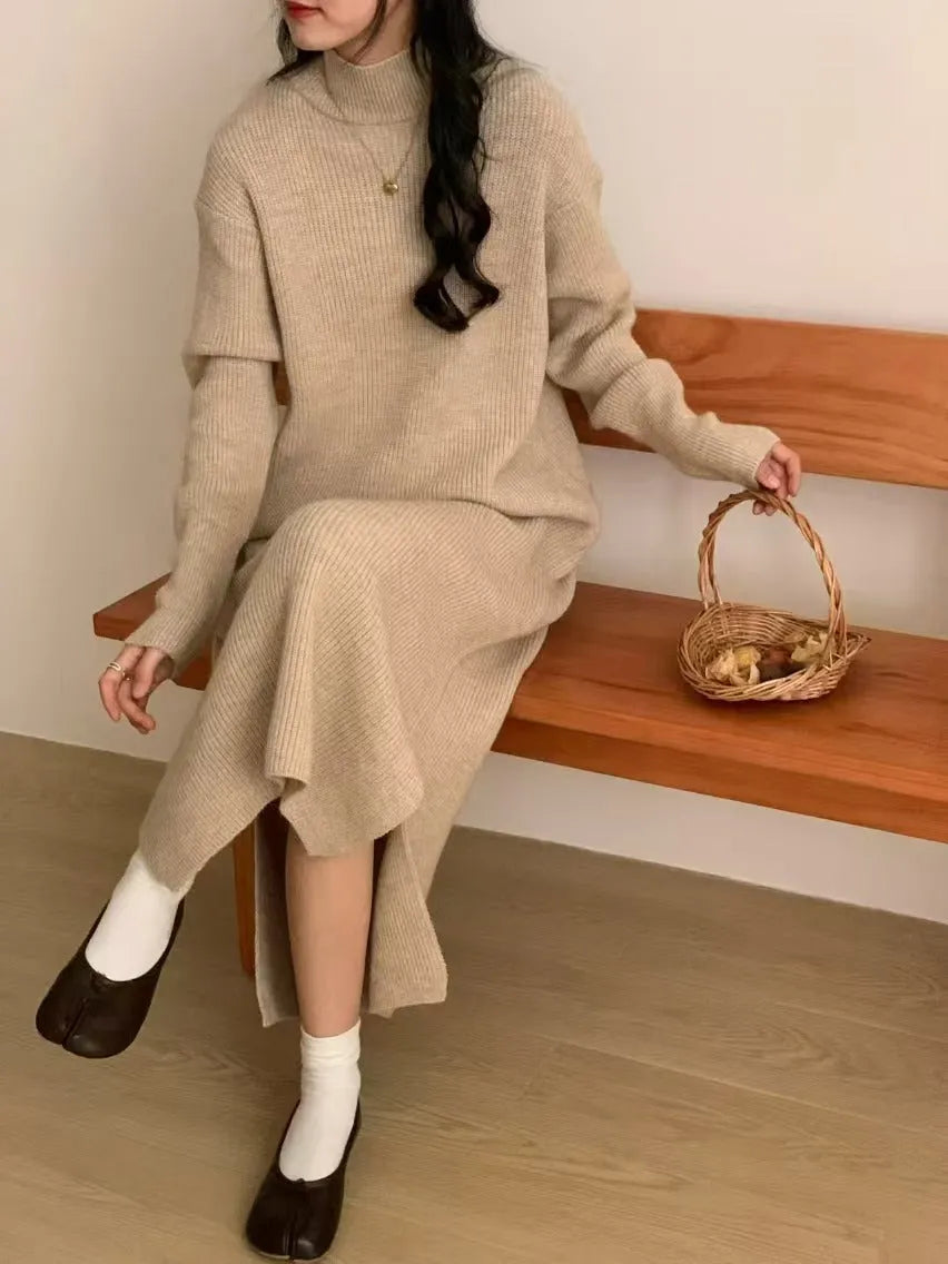 Acrylic half turtleneck knee-length knit dress in khaki colour with long sleeves.