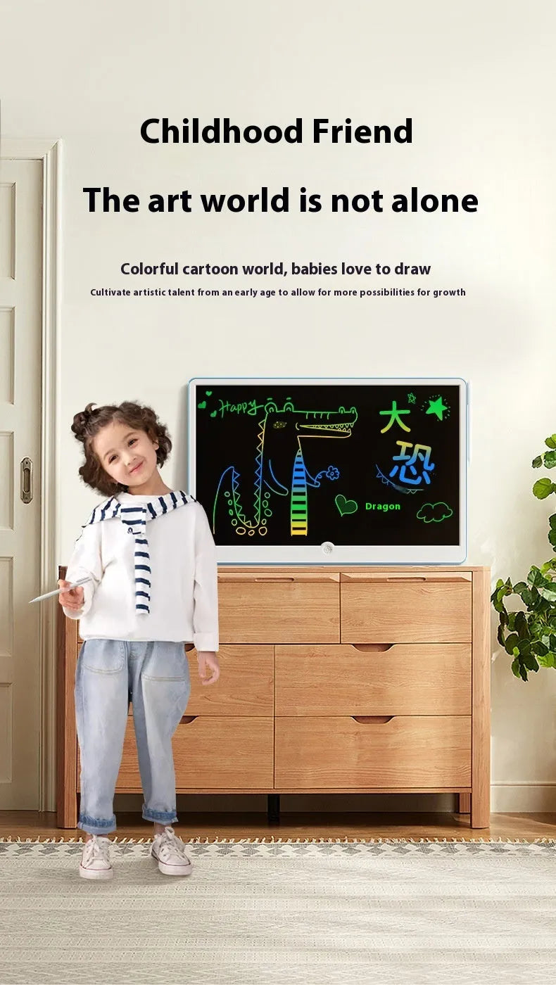 19-inch LCD drawing board for kids with blue and white frame on a wooden table.