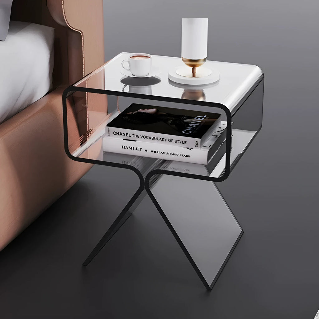 Transparent acrylic side table with bracket frame in living room setting