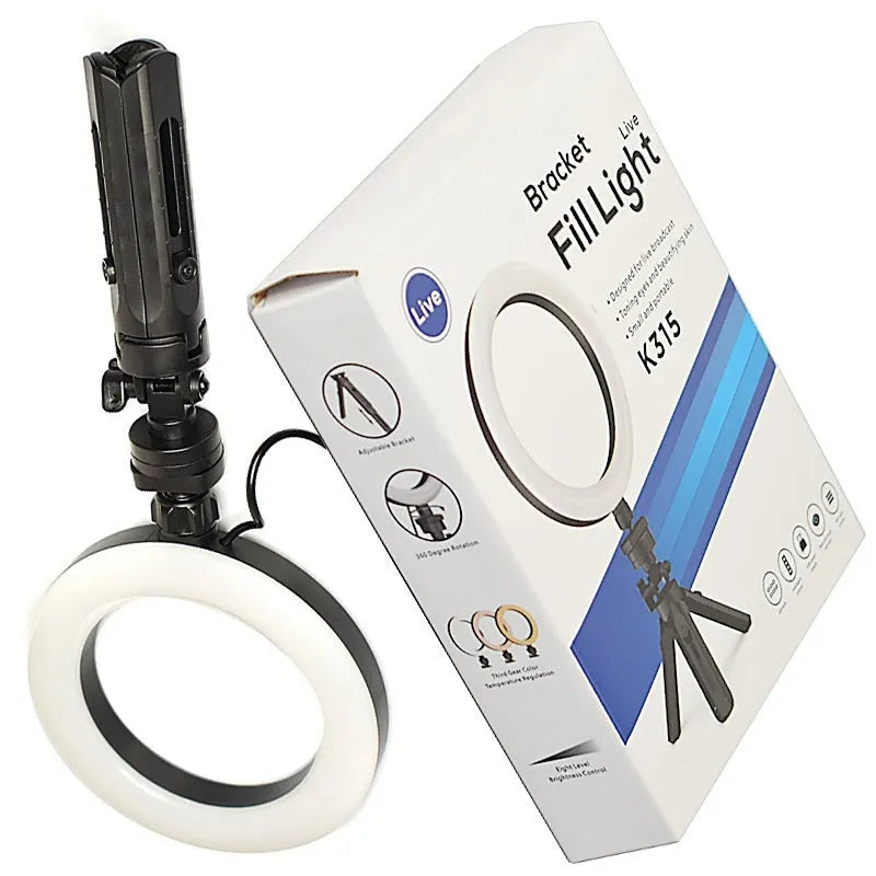 Black desktop mobile streaming bracket with adjustable colour fill light on tripod stand