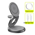 3-in-1 magnetic folding wireless charger stand in grey, with phone and headphones on a desk