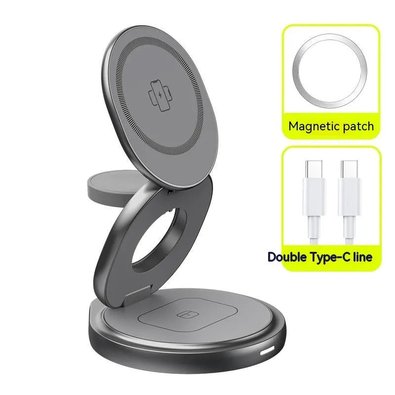 3-in-1 magnetic folding wireless charger stand in grey, with phone and headphones on a desk