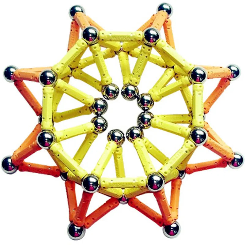 Magnetic building block toy with wooden rods, curved pieces, and 2.7cm balls for construction play
