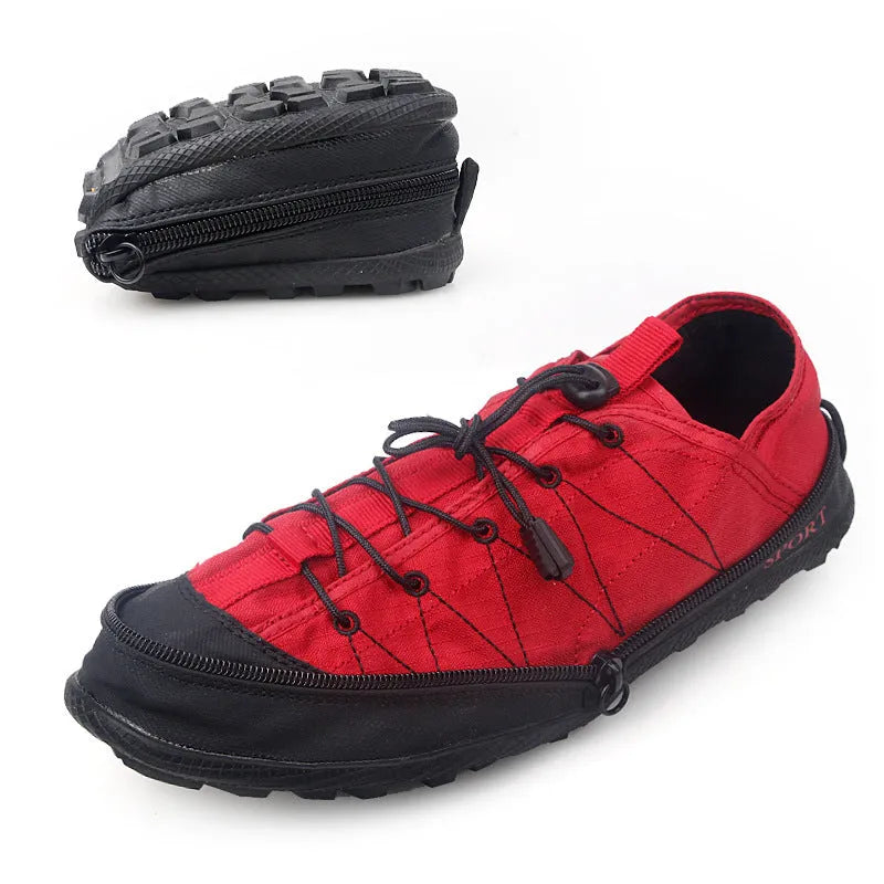 Portable folding outdoor hiking shoes with side zipper closure in mesh material
