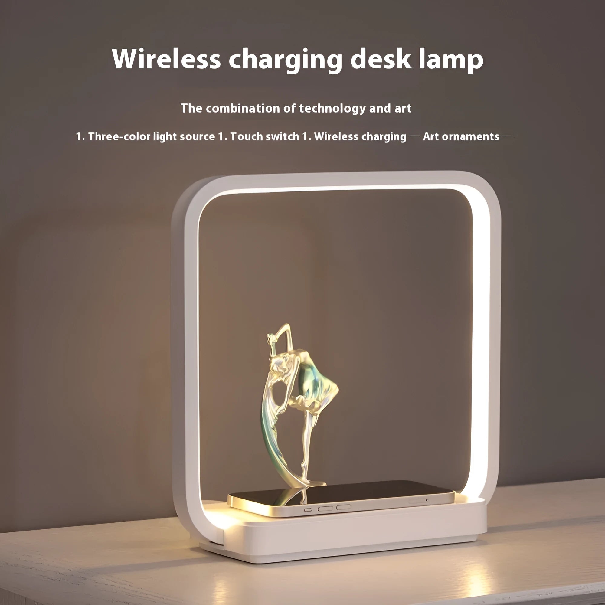 Blue and yellow table lamp with wireless phone charging pad integrated into base