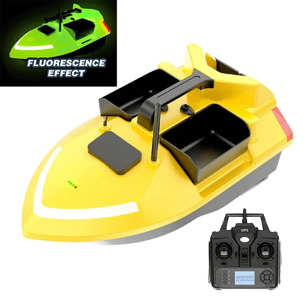 V020 GPS remote control fishing boat in luminous yellow on water, showing remote control with display.