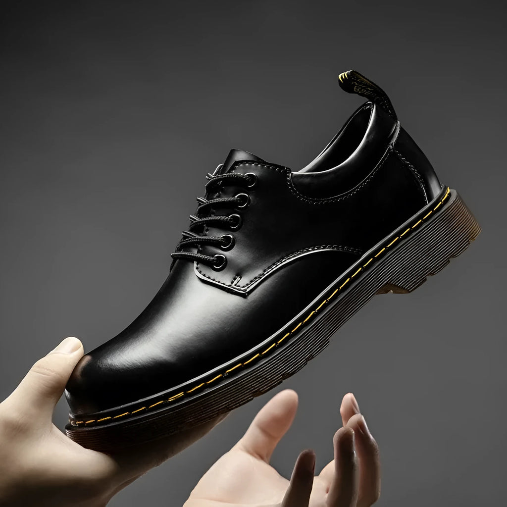 Low top big head black genuine leather Martin shoes for men with round toe and front lace-up