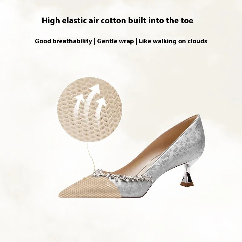 Chinese style satin wedding high heels with rhinestone decoration in champagne colour