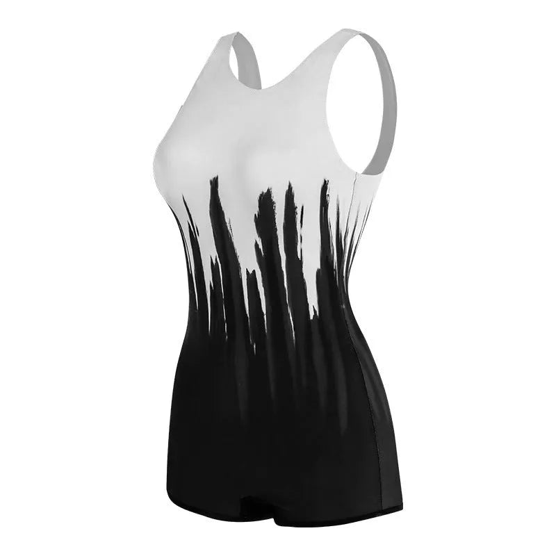 Black conservative one-piece swimsuit for ladies with printing pattern