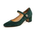 Black and dark green suede women's Mary Jane pumps with a chunky heel and square toe.