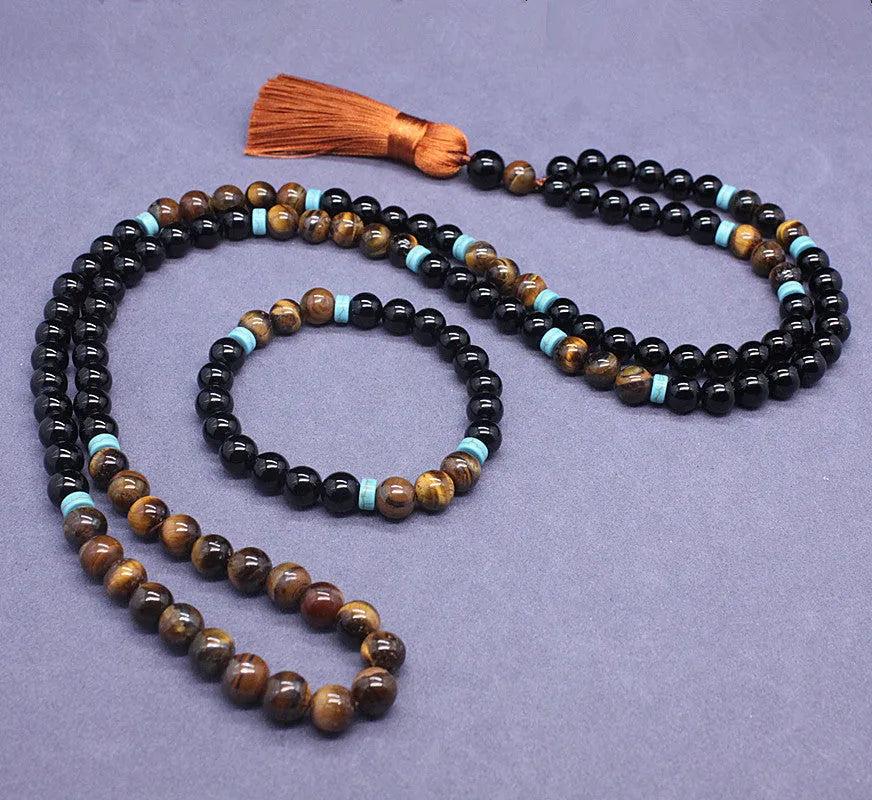 Natural agate bracelet and tiger eye stone necklace with geometric beads