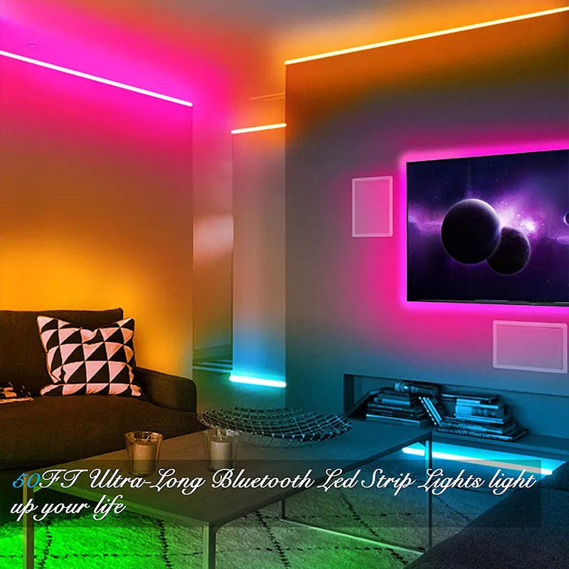 Bluetooth controlled RGB LED light strip with remote, showing colour change options.