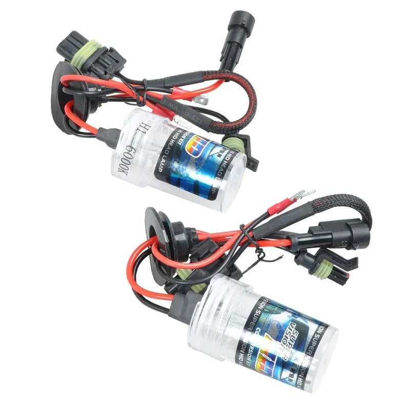 Automotive xenon headlight bulb kit showing H1, H7 type bulbs with 4300K, 6000K, 8000K colour options.