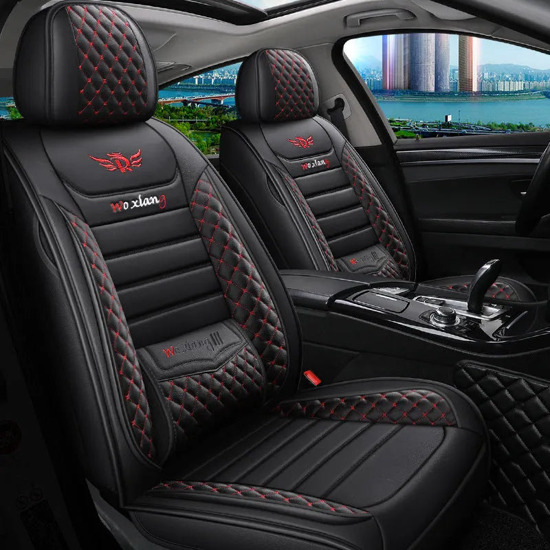 Car seat cushion with leather cover in red, shown on a car seat.